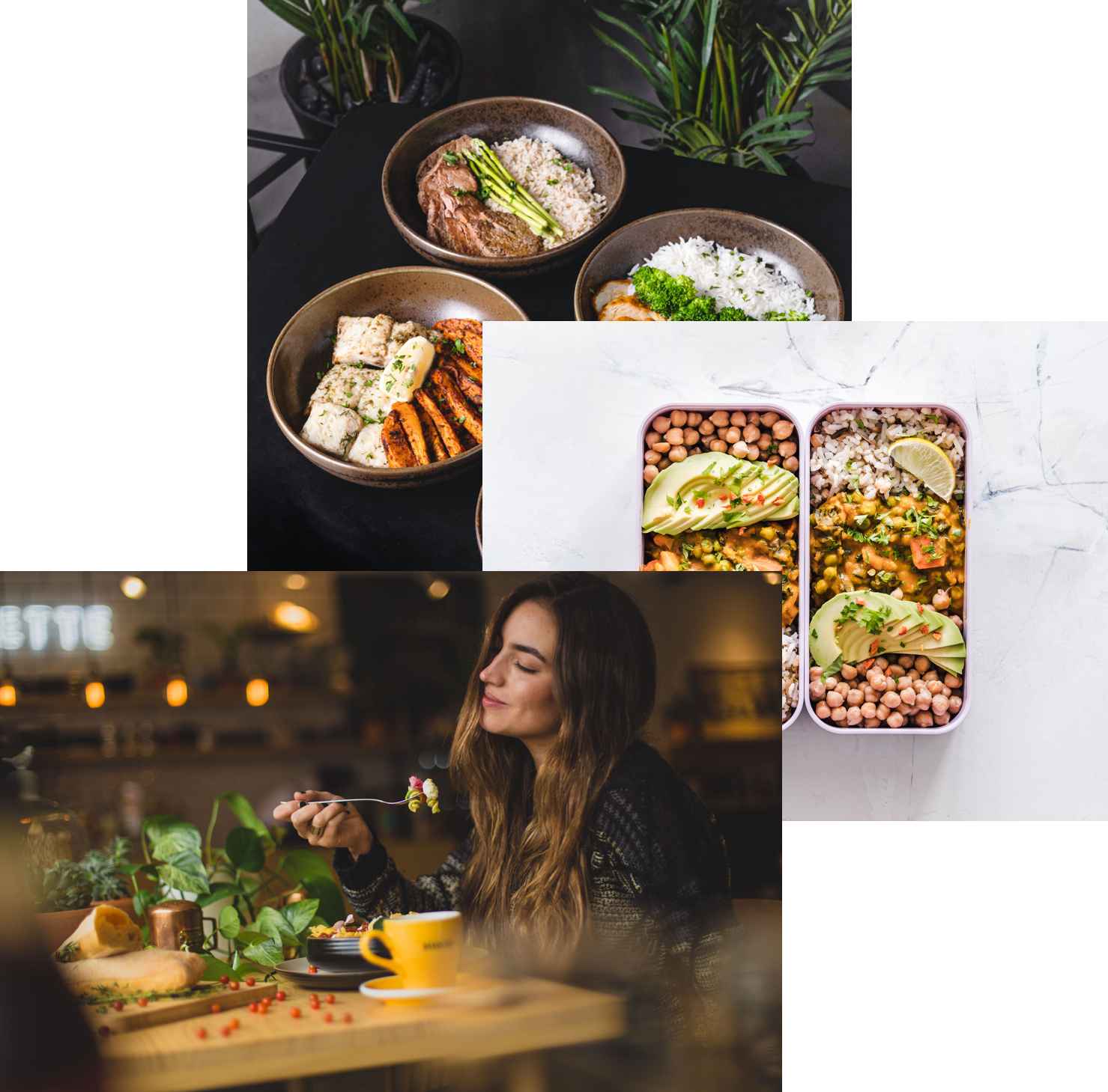 woman enjoying food, food bowls on table, and meals in a storage container